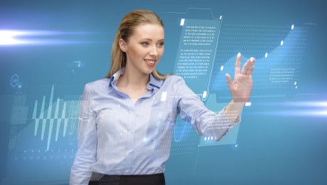 woman working with imaginary virtual screen